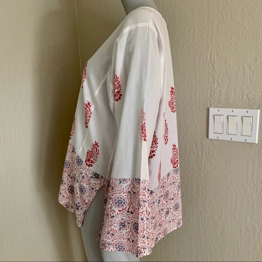 VELVET By Graham & Spencer Block Print Peasant Tunic Blouse 100% Cotton V-Neck - Picture 8 of 15